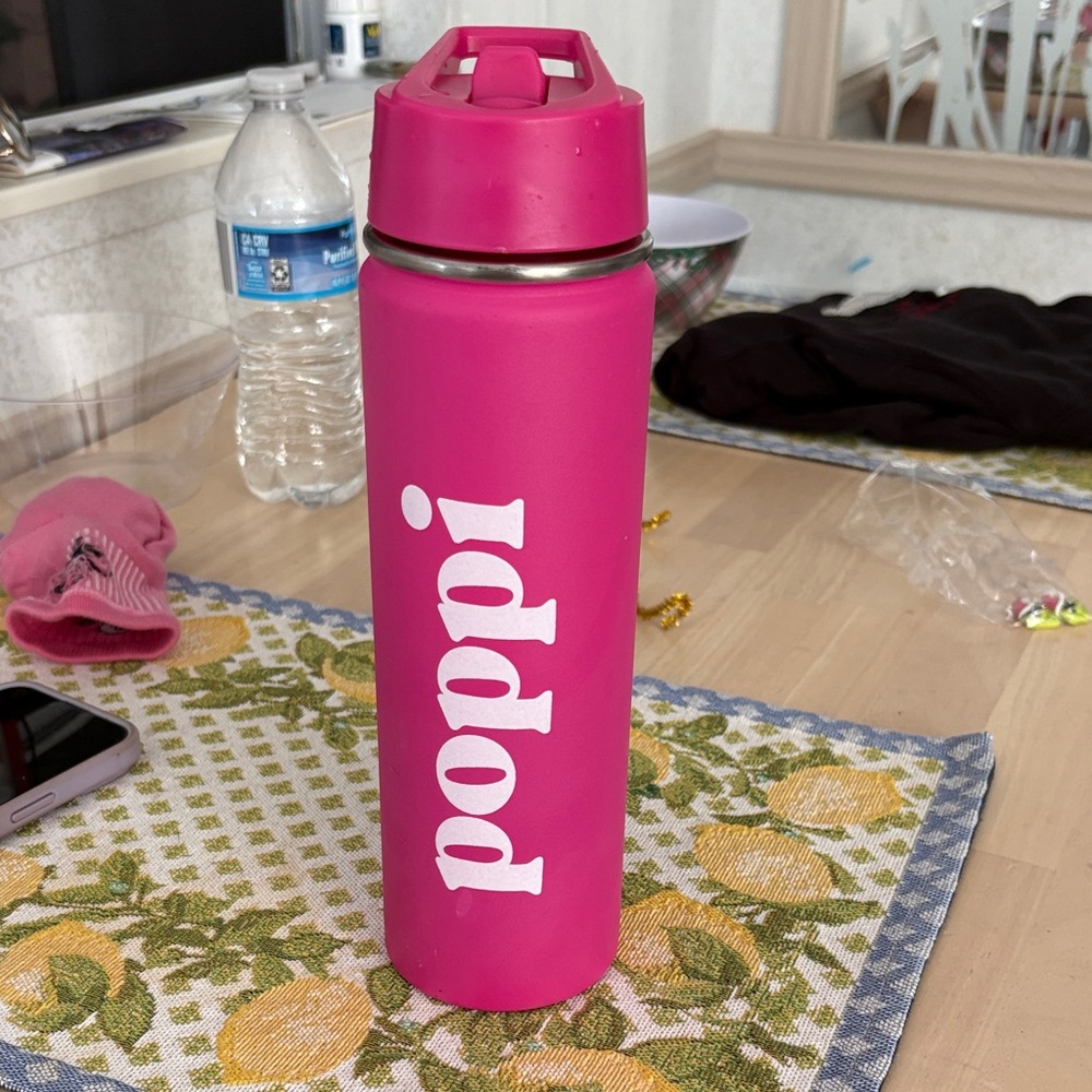 Poppi Soda Pink Water Bottle Metal Straw Top